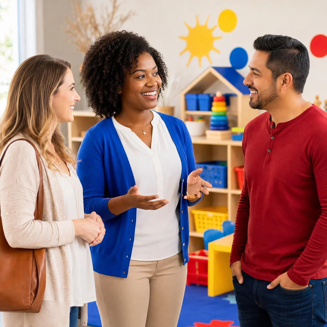 A friendly childcare teacher speaks with two smiling parents during a day school classroom tour, surrounded by bright toys, shelves, and warm colorful decor.