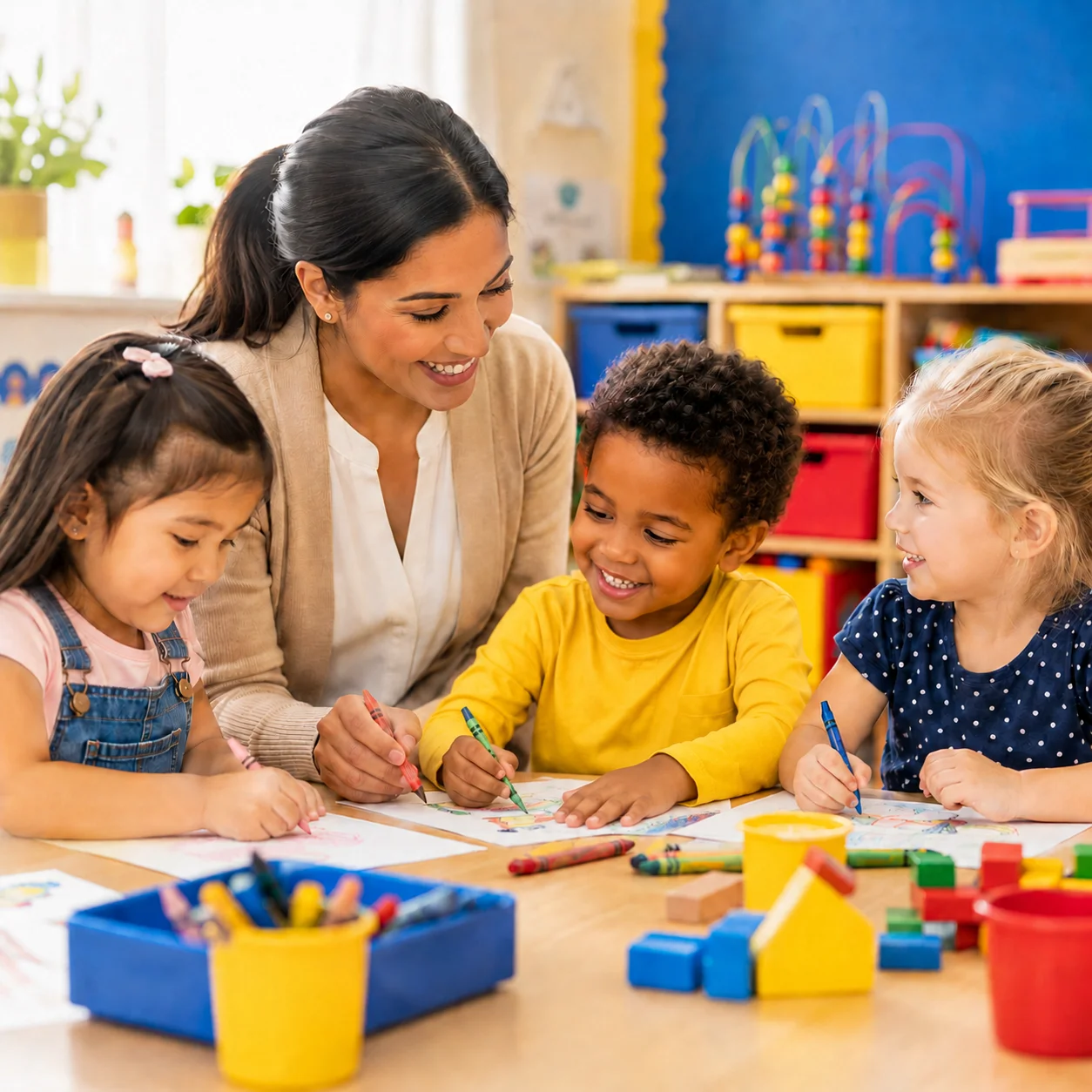 A smiling preschool teacher guides three diverse young children as they color together at a classroom table, surrounded by cheerful yellow, royal blue, and warm red learning materials.