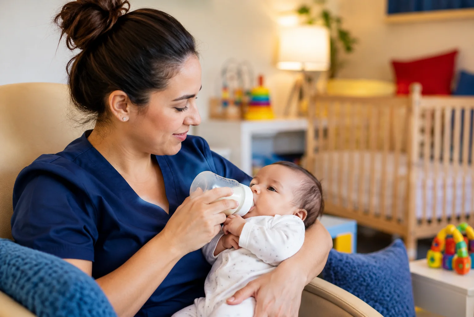 A professional infant caregiver gently bottle-feeds a baby in a calm nursery with soft yellow, royal blue, and warm red accents.