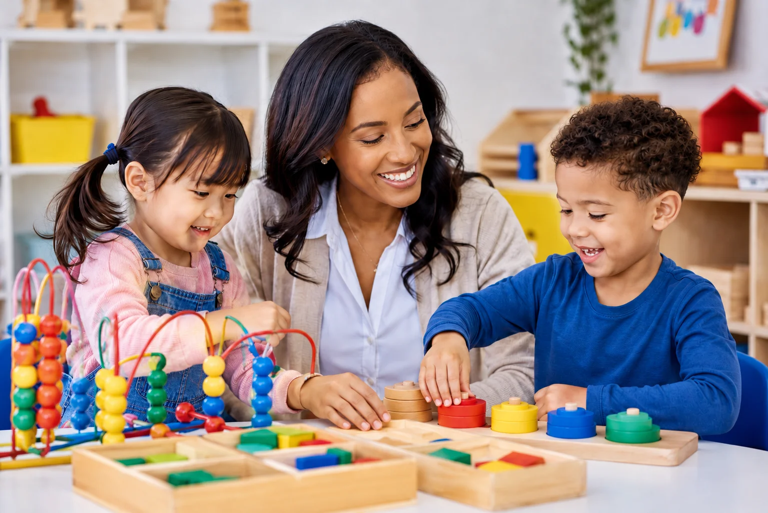 A smiling teacher guides two preschool children using colorful Montessori-inspired learning materials in a bright classroom with cheerful yellow, royal blue, and warm red accents.