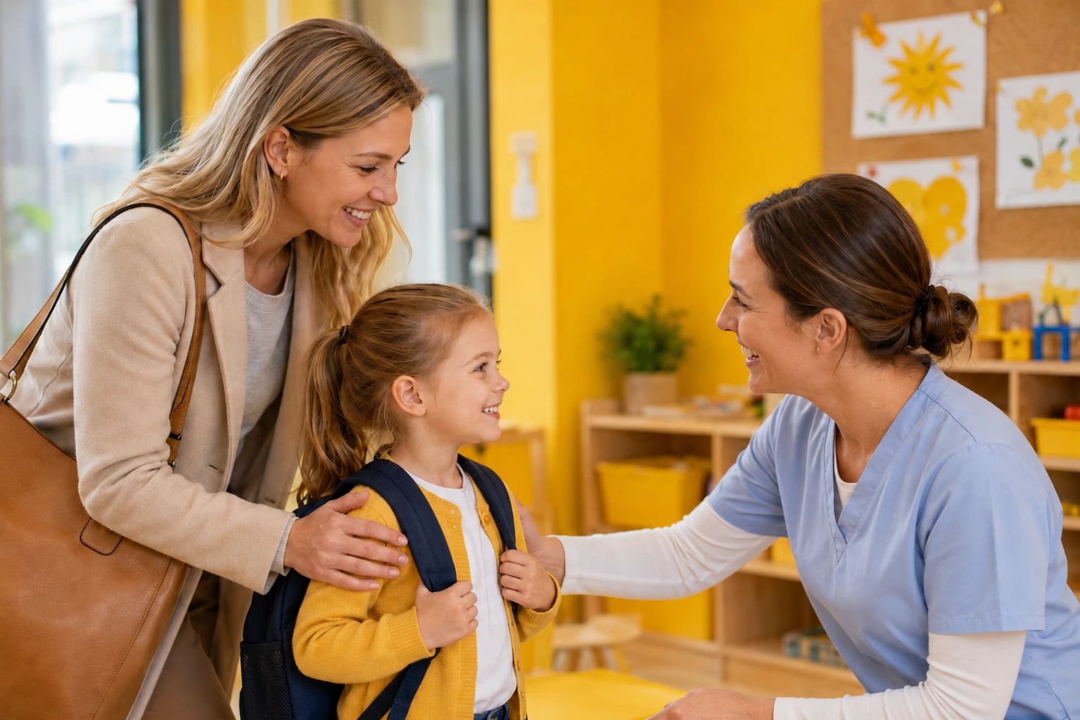 Childcare caregiver in uniform warmly welcomes a smiling child arriving at a bright classroom with her parent.
