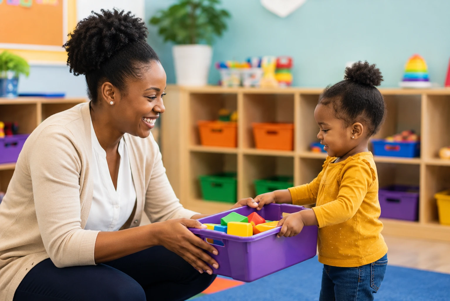 Preschool teacher and toddler smiling while organizing toys in a colorful classroom.